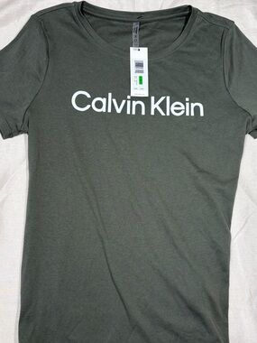 Calvin Klein Olive Green Short-Sleeve Logo Tee with White Script